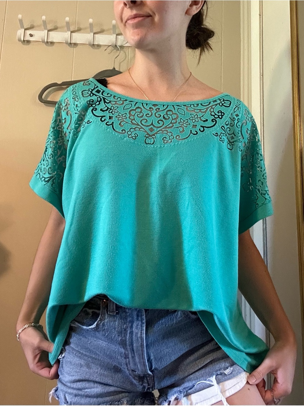 Teal Embroidered Boatneck Short Sleeve Top